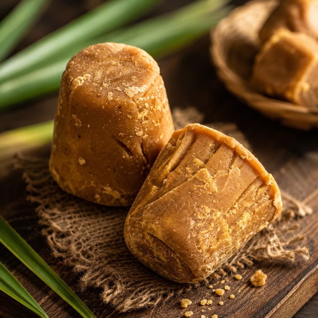 Traditional jaggery blocks on burlap